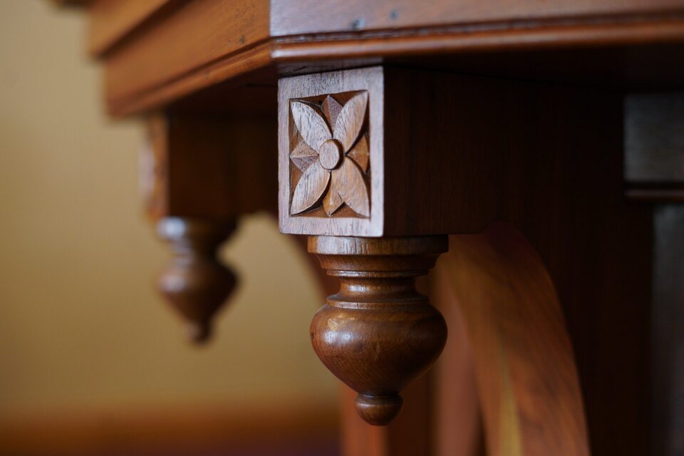 Carved wood detail inside Redeemer Presbyterian Church